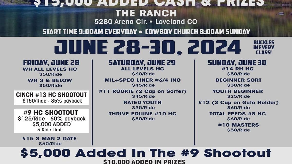 Cinch RSNC North Central Regional Super Sort event flyer advertising $15,000 in added cash and prizes at The Ranch in Loveland, Colorado, June 28-30, 2024